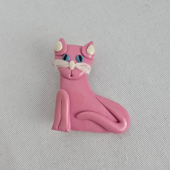 Vintage Jewelry - Vintage Pink Cat Brooch Whimsical Kitschy Kitty Pin